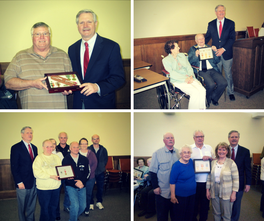 Honoring the Service of Four North Dakota Veterans-April 2015 - Senator Hoeven honors the service of four North Dakota veterans at a military medal presentation ceremony in Minot. Hoeven's office worked to secure the medals earned by World War II veteran John Rodman, Korean War veteran Douglas Beck, World War II veteran Arthur Heisler and World War II veteran Trygve Knutson.